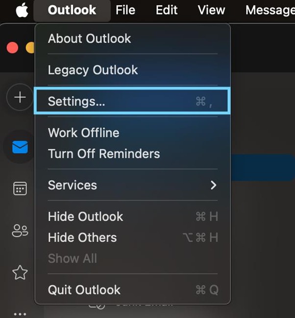 Outlook menu on a Mac with "Settings" highlighted under the Outlook tab