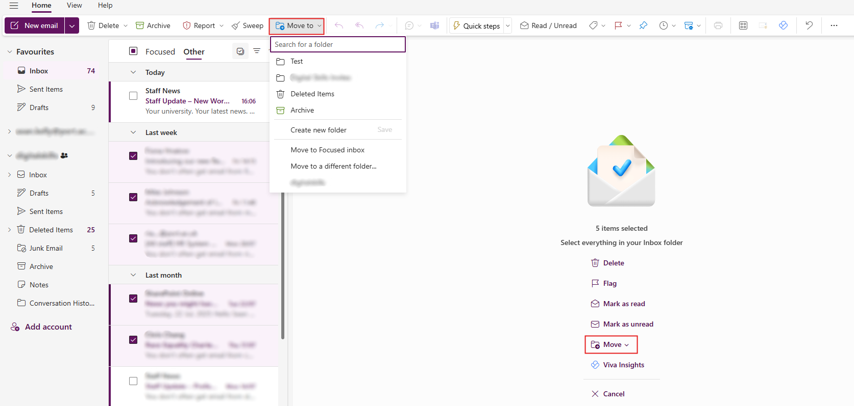Outlook inbox with multiple emails selected and the “Move to” menu open, showing options to move selected emails to a folder like Archive or a custom folder.