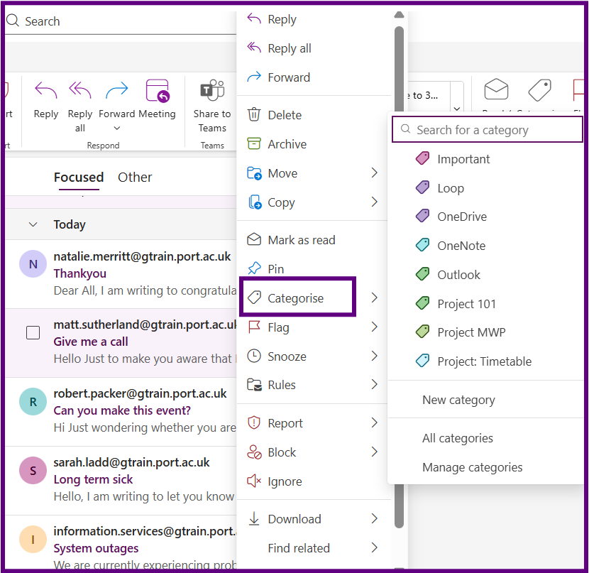 Categorising an email in Outlook
