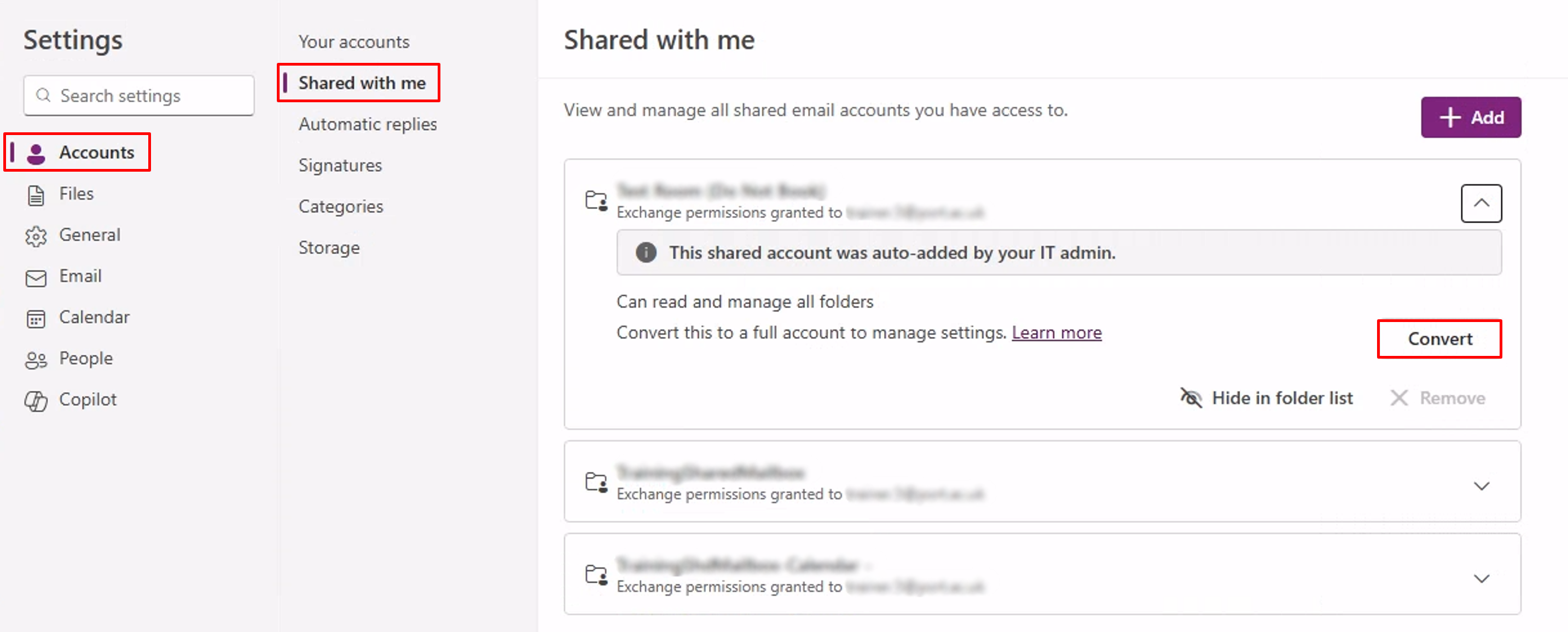 Outlook Settings page showing Accounts > Shared with me, with a shared mailbox expanded and a Convert button visible, demonstrating how to convert a shared mailbox into a full account to manage settings.