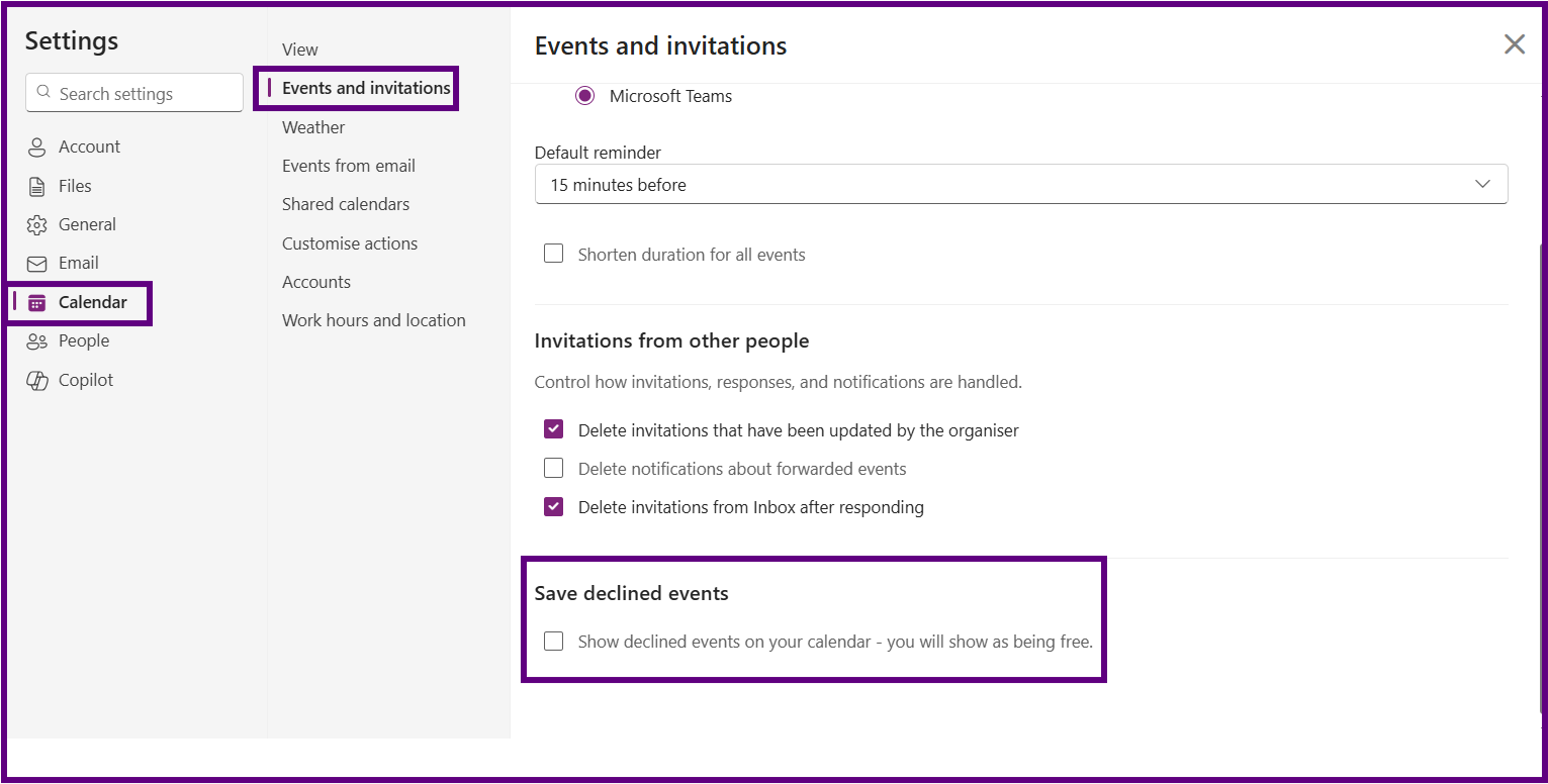 Option to show declined events in Outlook
