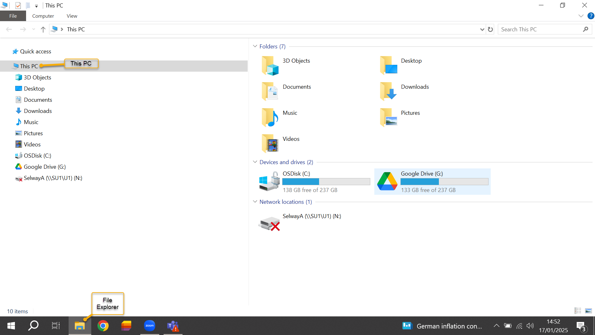 File Explorer showing the This PC option in the left navigation pane