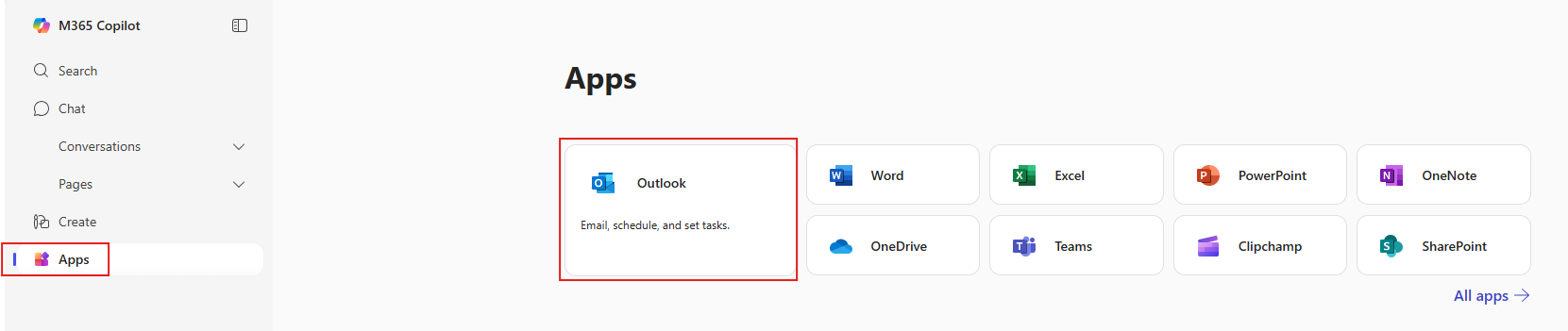 Microsoft 365 Apps page showing Outlook selected from the app list. Outlook is accessed from the left-hand menu under "Apps", alongside other apps like Word, Excel, Teams, and OneDrive.