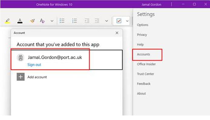 OneNote Account Settings