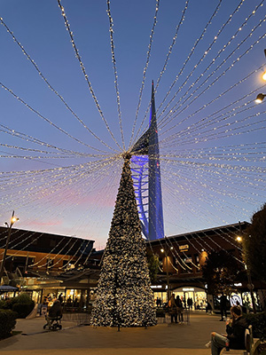 Christmas tree and lights in front of the Spinnaker tower