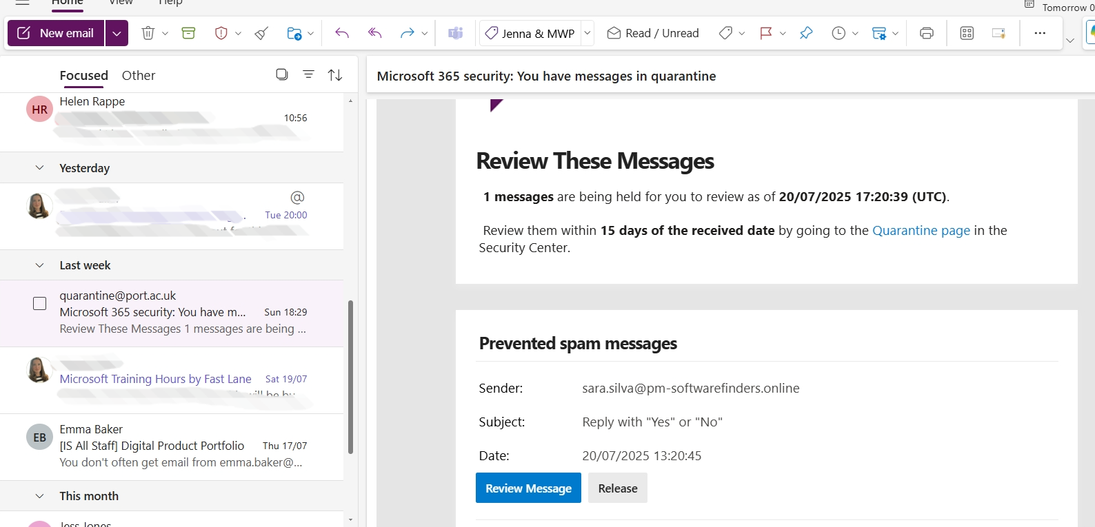 Quarantined emails in Outlook