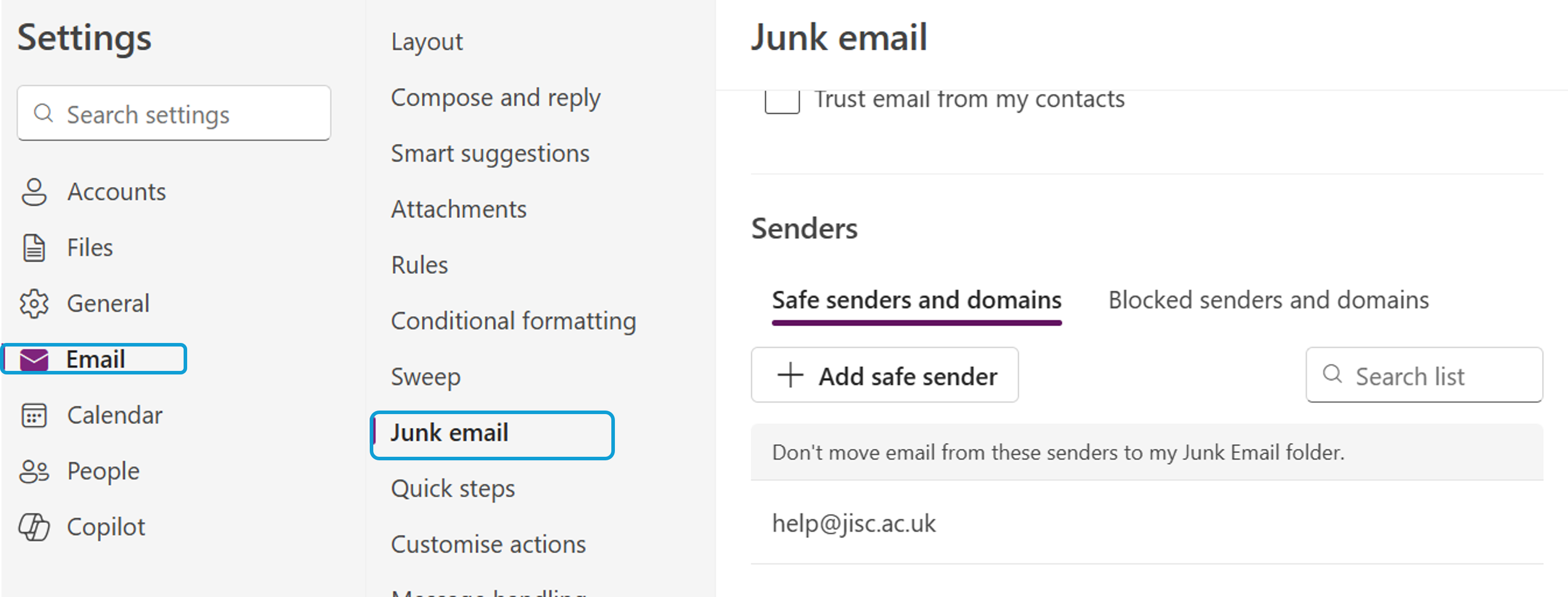 Safe Sender list in Outlook