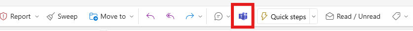 Outlook toolbar with the Microsoft Teams icon highlighted, indicating the Share to Teams button used to send emails to Teams chats or channels.