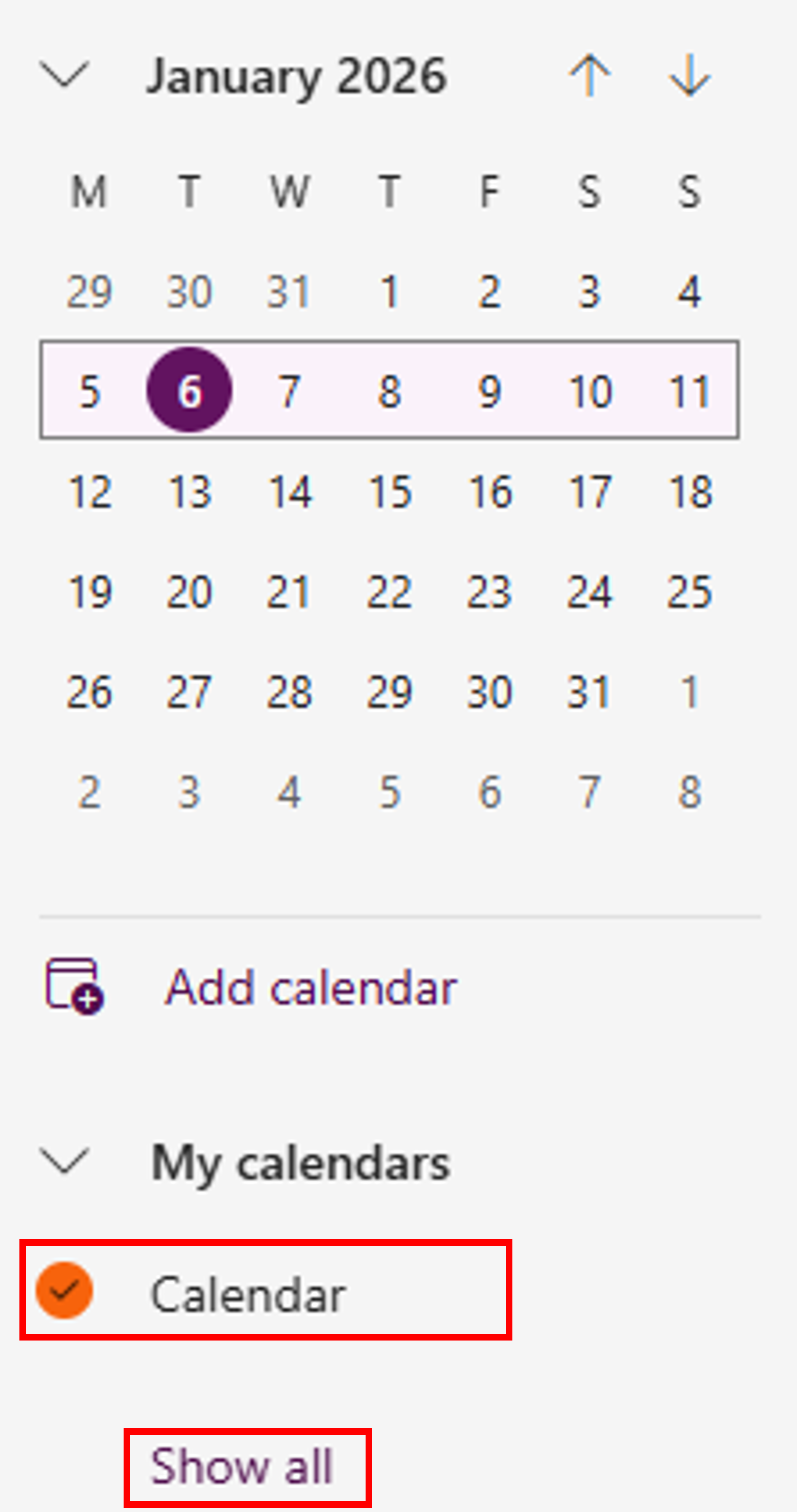 Outlook Calendar sidebar showing the mini calendar. Below, the “My calendars” section shows a single calendar named “Calendar” ticked and visible, with a “Show all” link underneath.