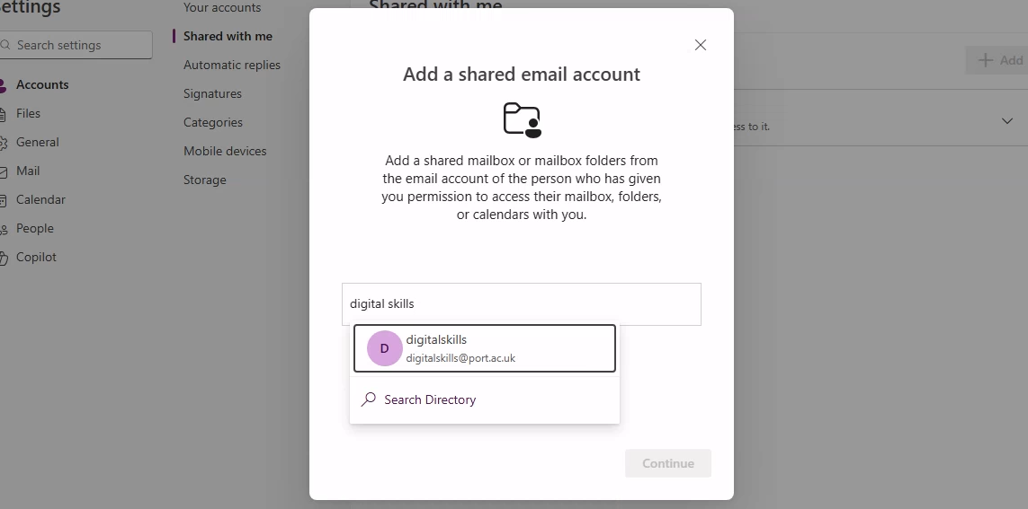 Outlook window titled "Add a shared email account" with a text box to enter the name or email address of the shared mailbox, and instructions explaining its purpose.
