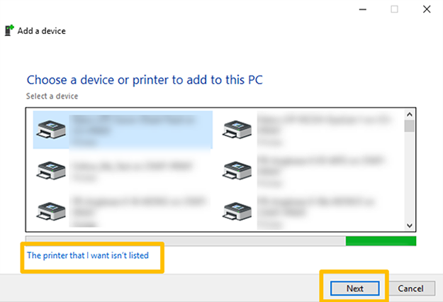Add a device dialogue box with the option to search for a printer not listed highlighted