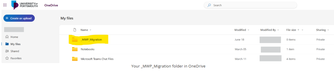 A screenshot of OneDrive showing the MWP migration folder