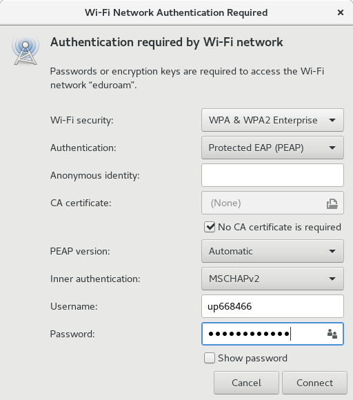 eduroam network settings entered in the authentication window