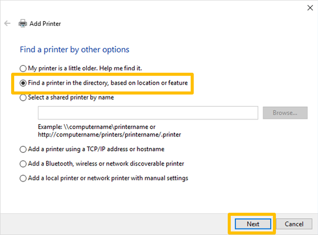 The Add Printer dialogue box with the find a printer option highlighted