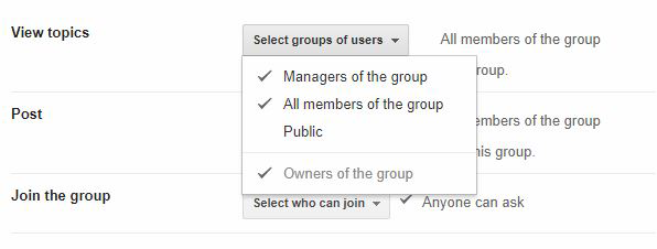 Google Groups settings