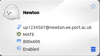 Newton connection card displaying username, MATE desktop, resolution, and enabled status.
