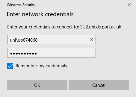 5. You will be prompted to enter your University username and password. You must prefix your University username with uni\ e.g uni\up123456. Tick Remember my credentials if you wish to remember your credentials and select OK
