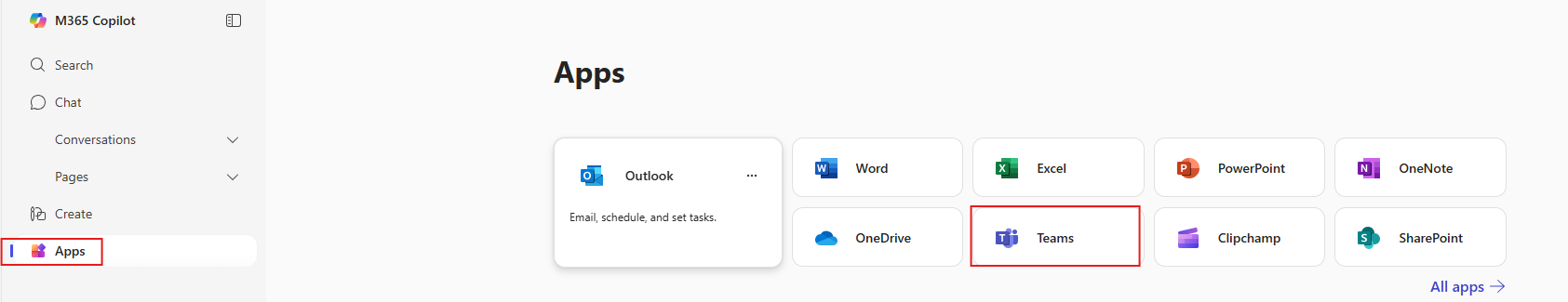 Microsoft 365 Apps screen showing the Teams app selected. The left-hand menu highlights the "Apps" tab, with other apps like Outlook, Word, Excel, and OneDrive also visible.