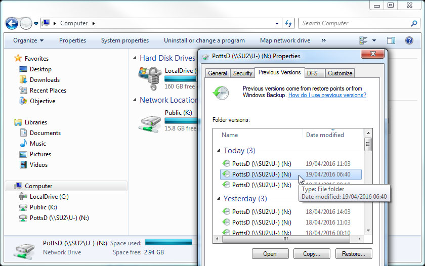 Previous snapshots N drive PC
