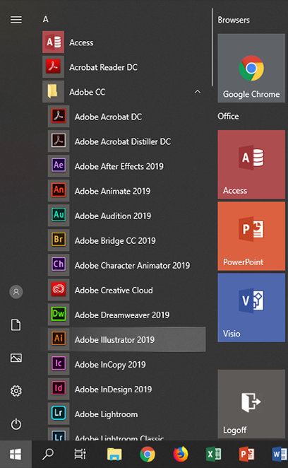 Choosing an Adobe CC product from the Start menu.