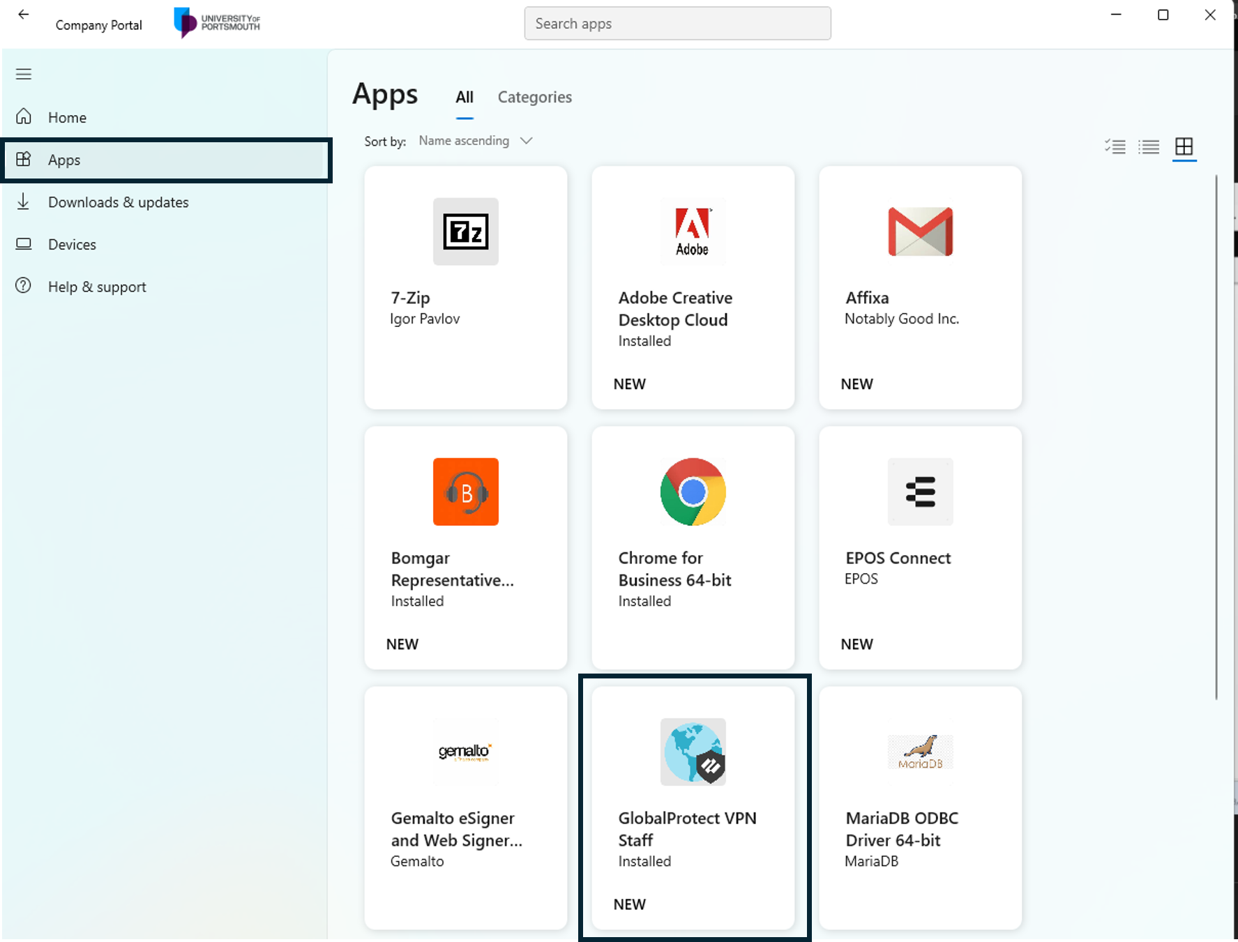 Company Portal showing the VPN tile