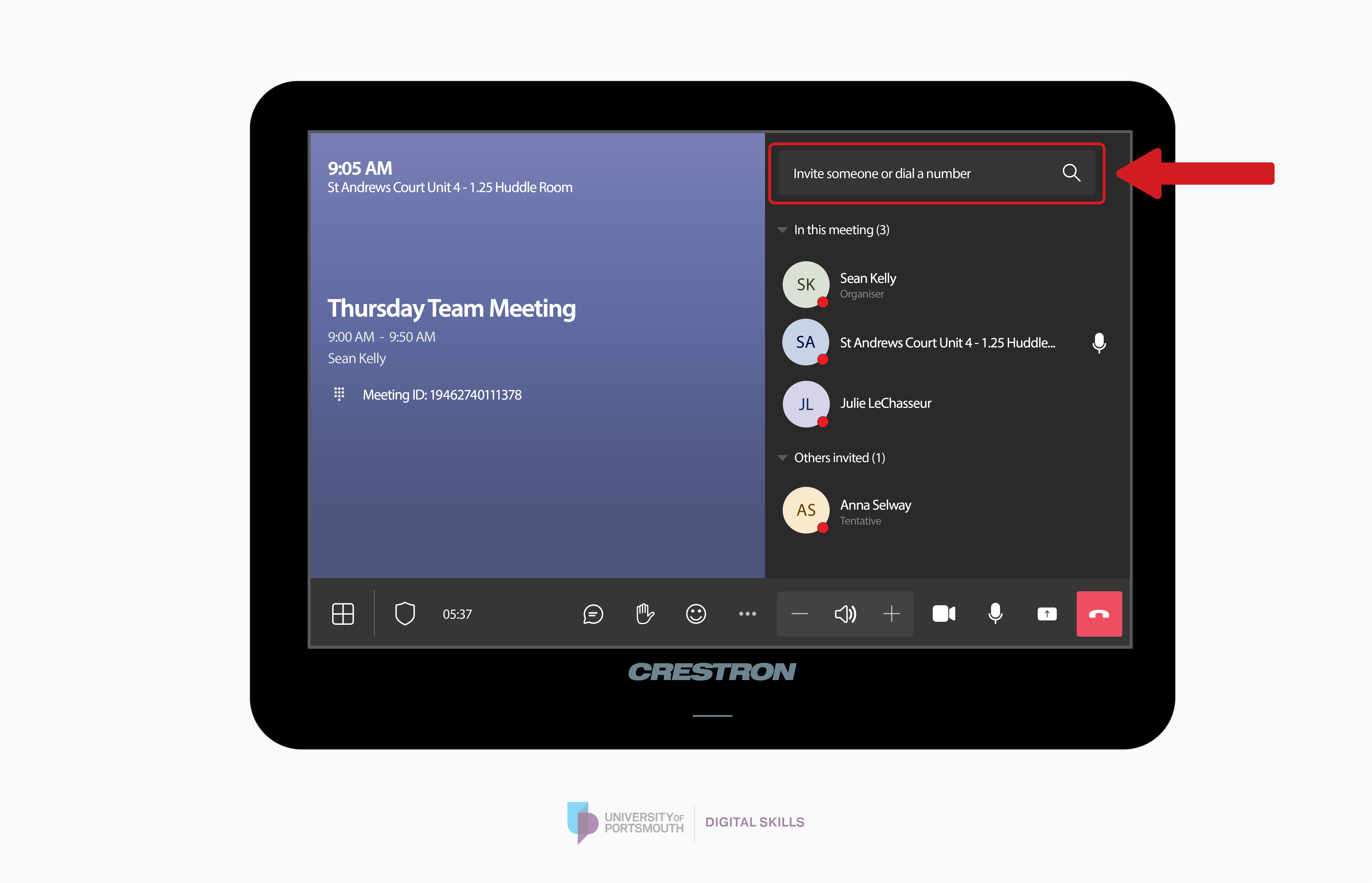 Arrow pointing to add someone button on Microsoft Teams meeting room interface