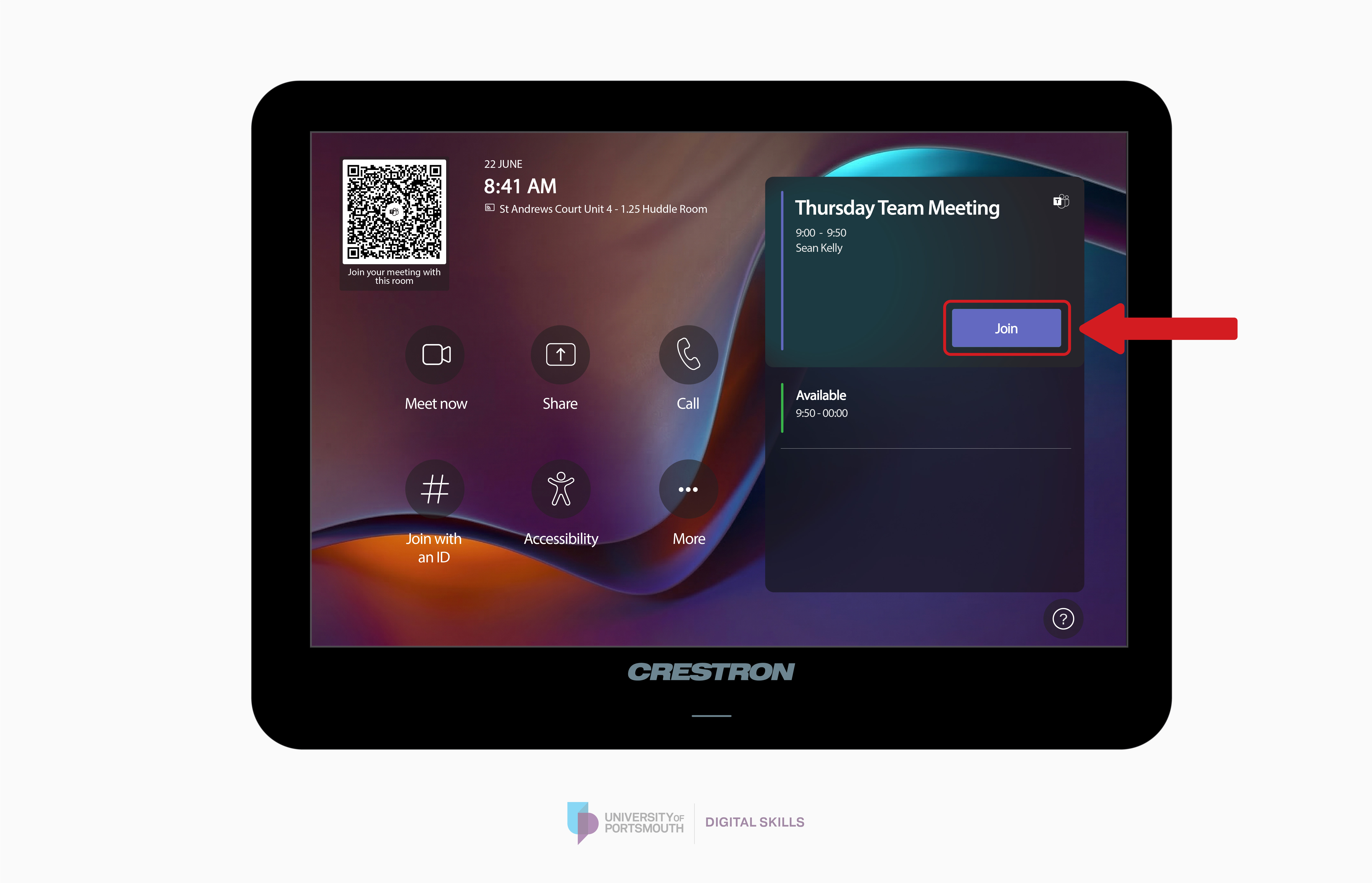 Arrow pointing to join button on Microsoft Teams meeting room interface