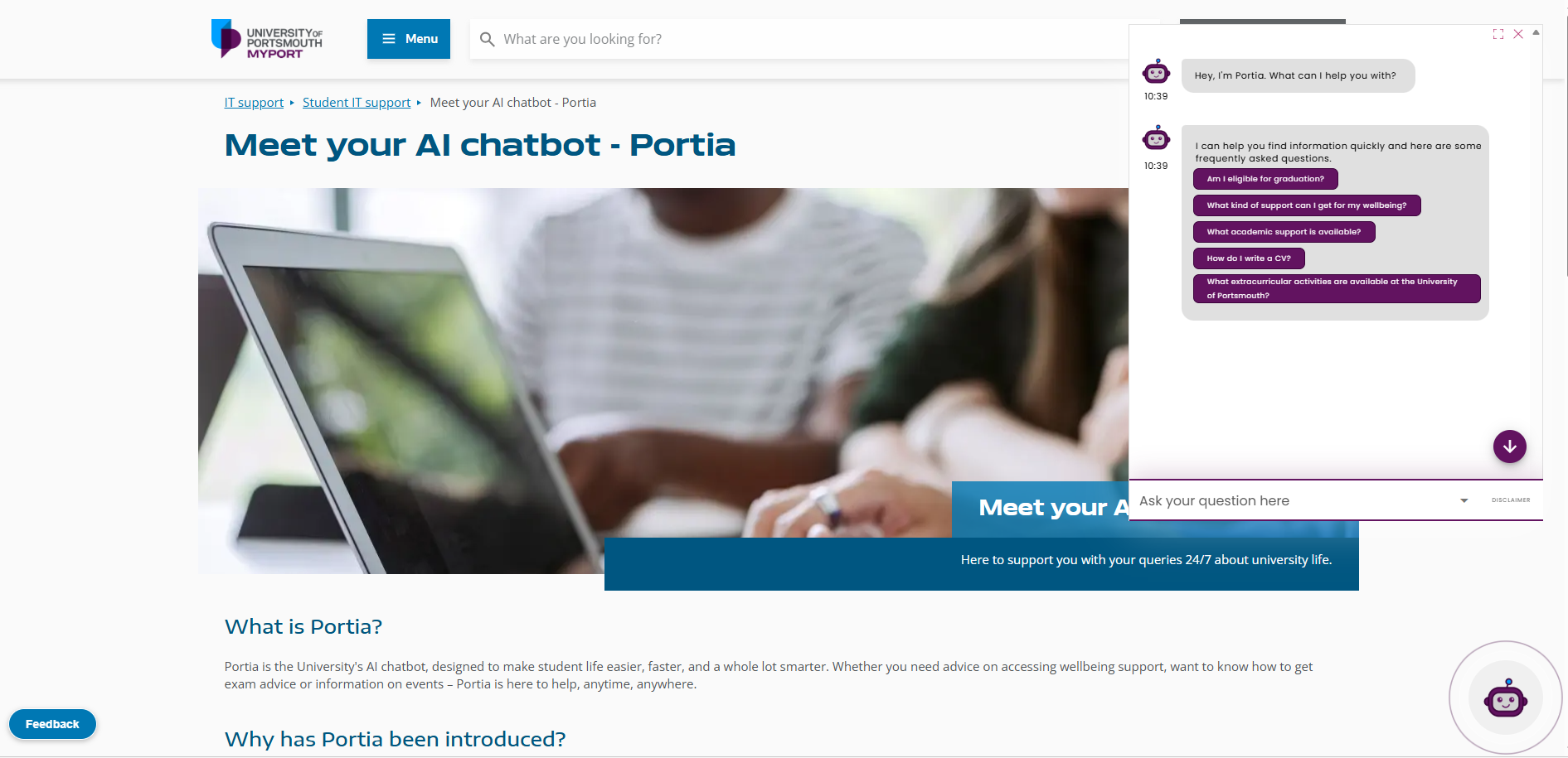 Screenshot of Portia, the University’s AI chatbot