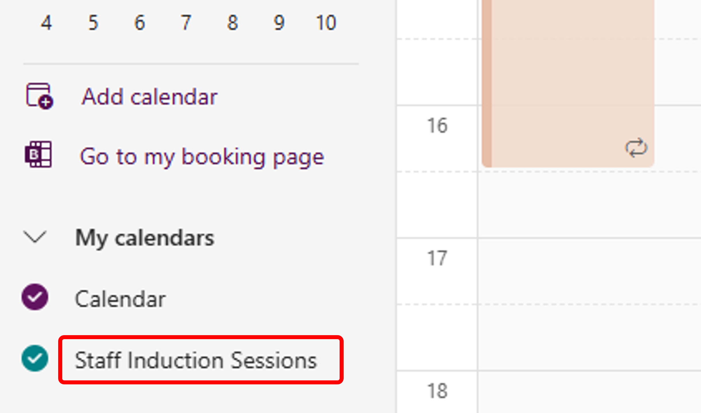 Visible calendar in Outlook calendar list