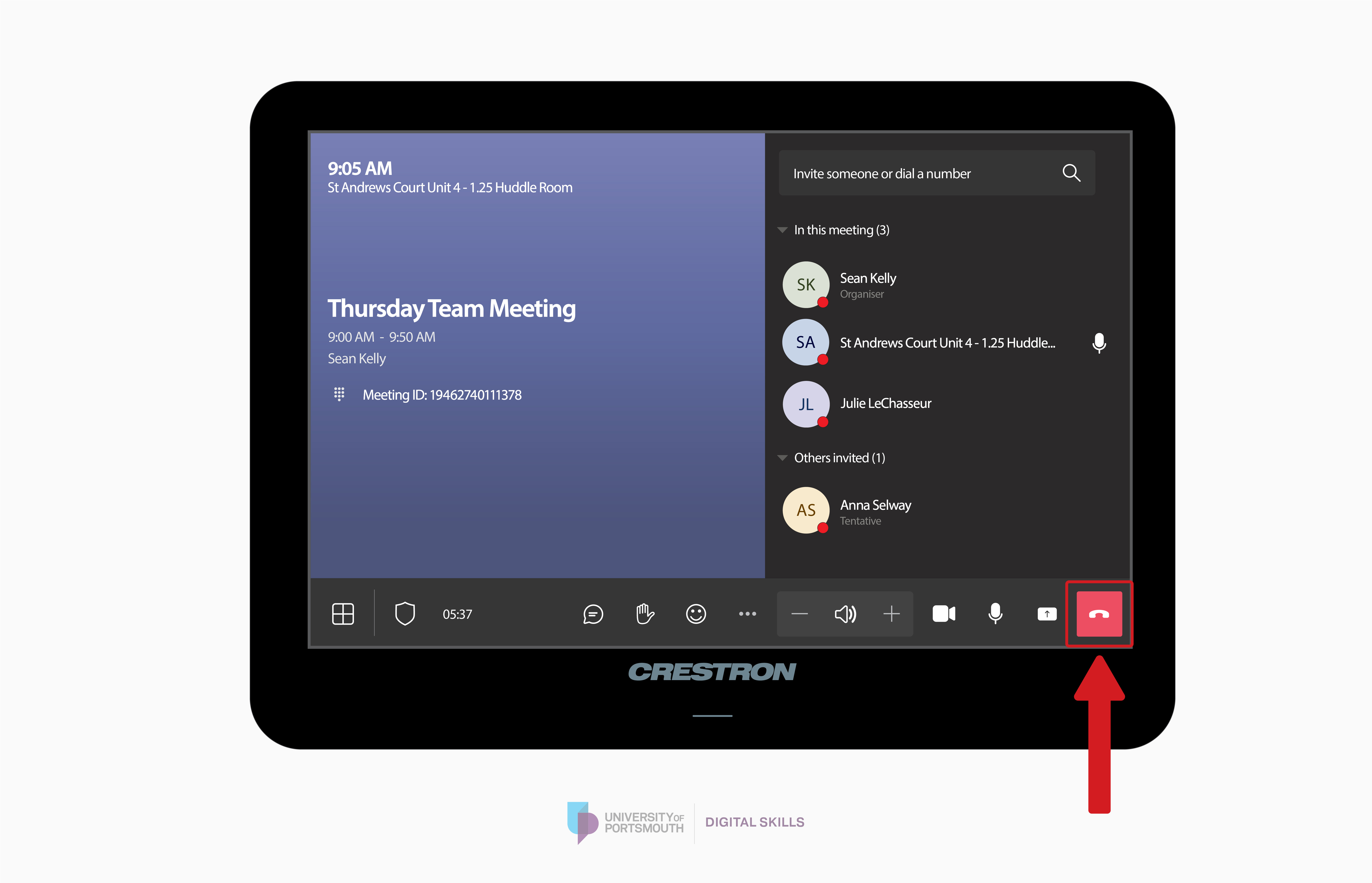 Arrow pointing to leave button on Microsoft Teams meeting room interface