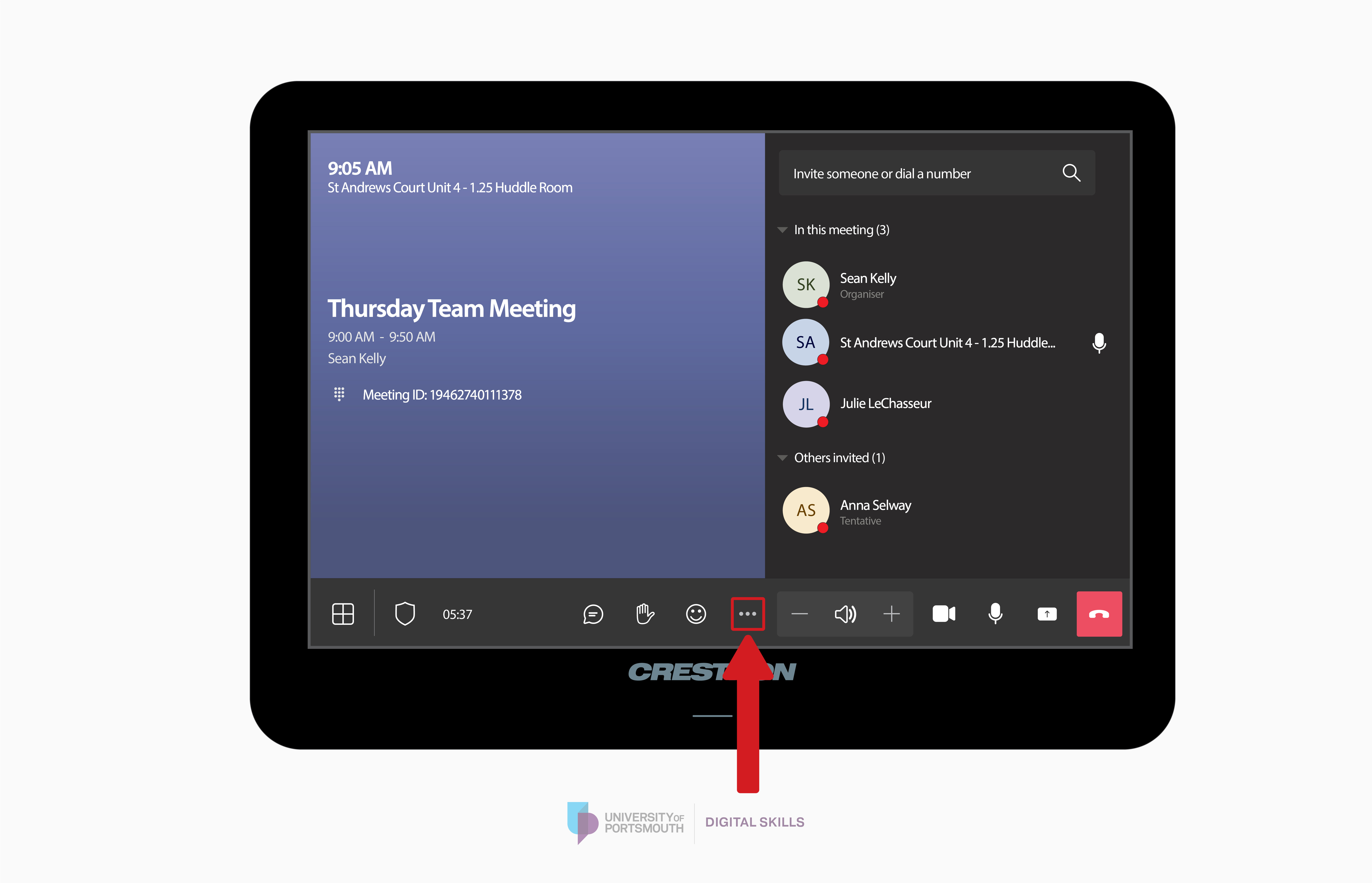 Arrow pointing to more options button on Microsoft Teams meeting room interface