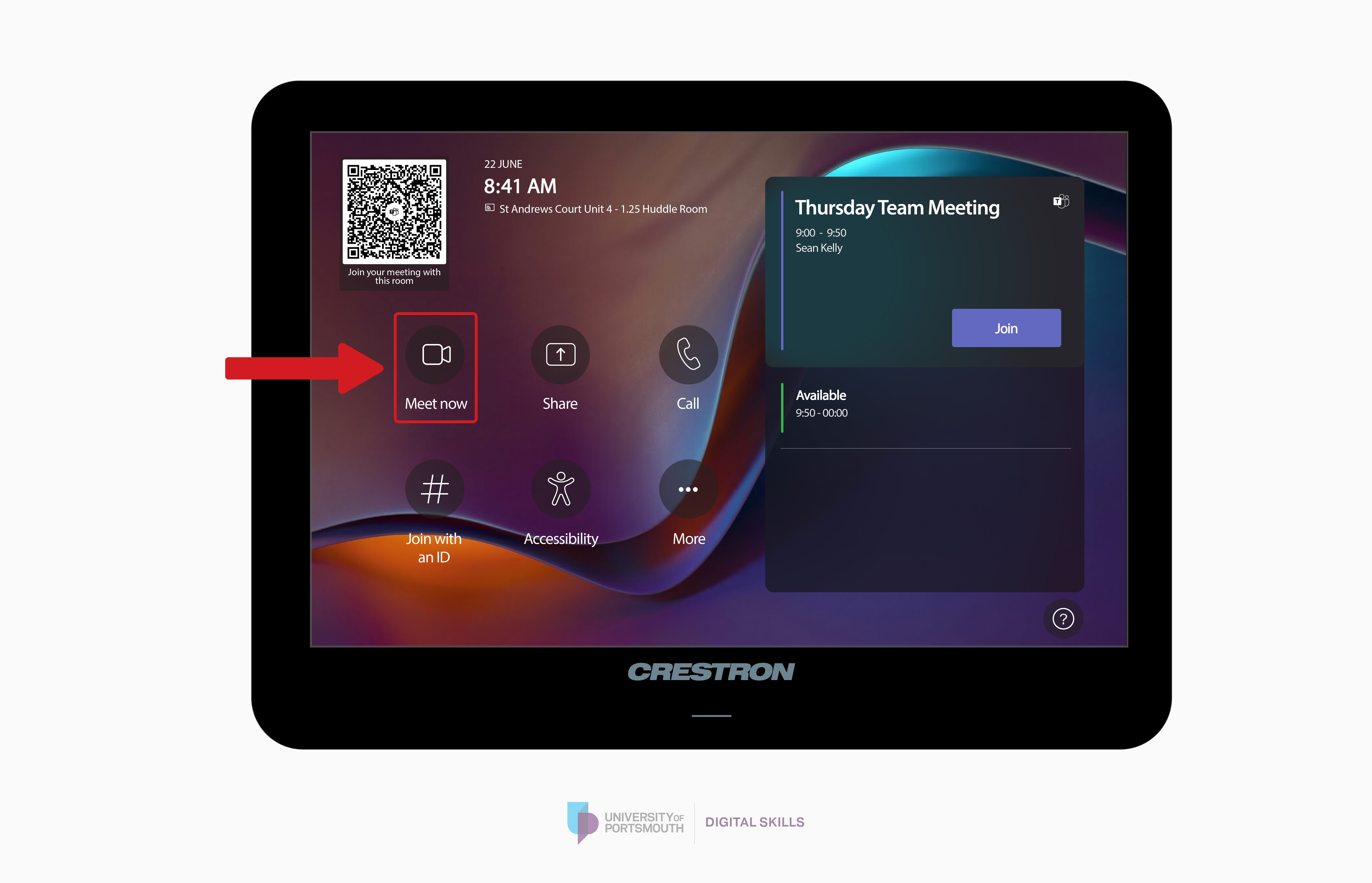 Arrow pointing to meet now button on Microsoft Teams meeting room interface