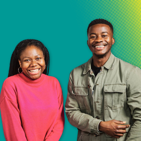 Two students smiling at the camera. The background is turquoise. 