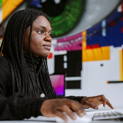 Student editing the footage recorded in the Green Screen Digital Studio in the Eldon Building