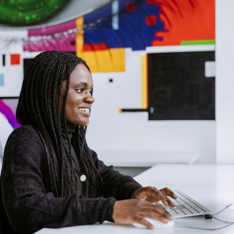 Student editing the footage recorded in the Green Screen Digital Studio in the Eldon Building
