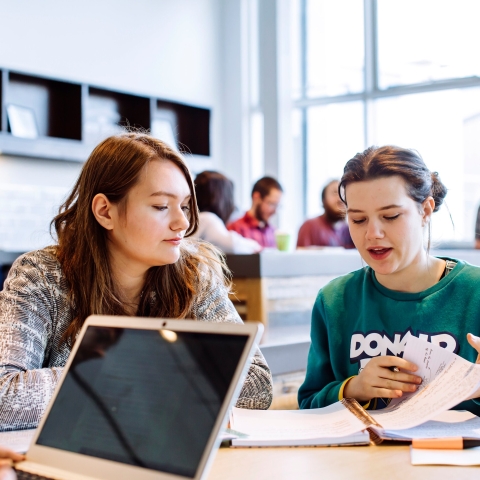 Students smiling and studying in cafe with laptops