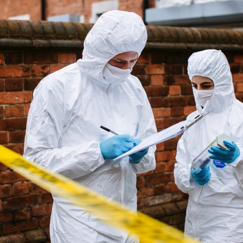 Two students in hazmat suits take notes at crime scene