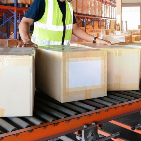Worker moving boxes in a storage warehouse