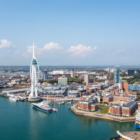 Aerial view of Portsmouth, with the Spinnaker tower in the forefront