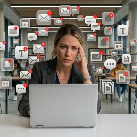 Woman working on a laptop looking overwhelmed as multiple digital notification icons (email, chat, calendar, alerts) appear around her in an office setting.
