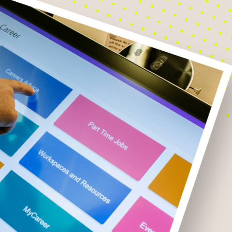 Images of a careers advisor, Portsmouth Guildhall and a student using MyCareer