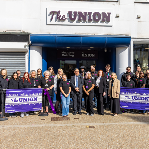 The Students' Union and senior university leaders outside of Neptune Building 