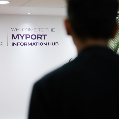 Student visiting the MyPort Information Hub