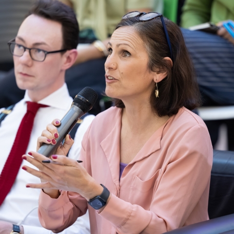 A woman in a pink blouse speaking through a microphone