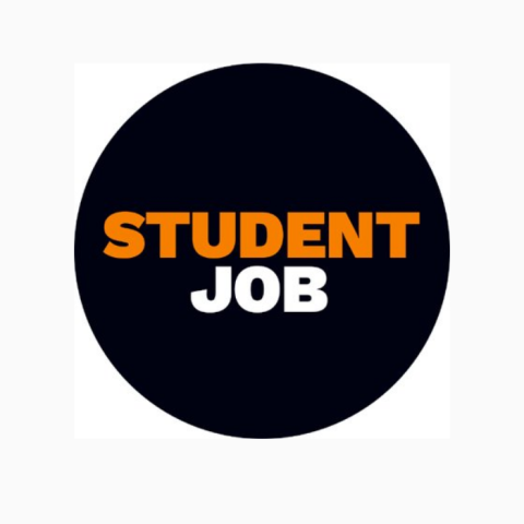 Black circle with orange and white text reading student job
