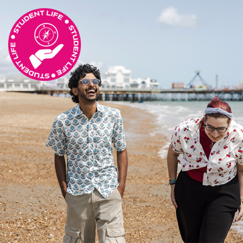 Student Life teaser image showing a two students on Southsea beach