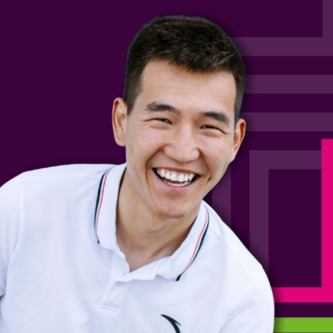 Cut out of a male in a white polo shirt. The back ground is dark purple with multicoloured steps