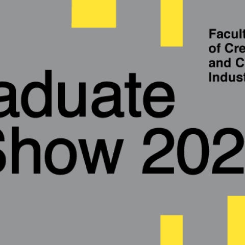A grey and yellow blocky geometric graphic design with large text 'Graduate Show 2020' offset in the middle and 'Faculty of Creative and Cultural Industries' in smaller text in top-right corner