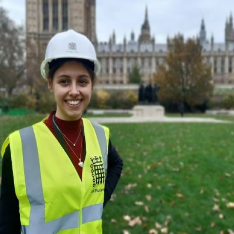 Placement student Imogen Ashford House of Commons Outside Victoria Tower in PPE
