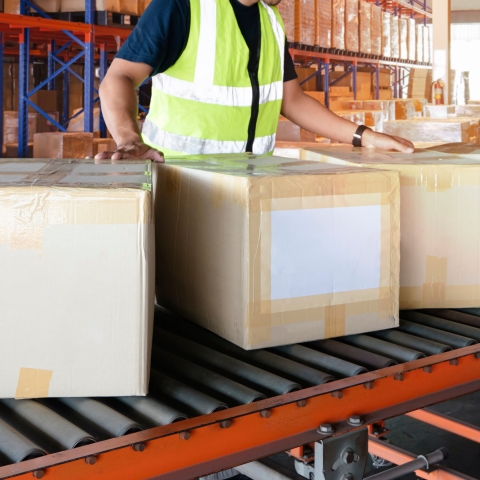 Worker moving boxes in a storage warehouse